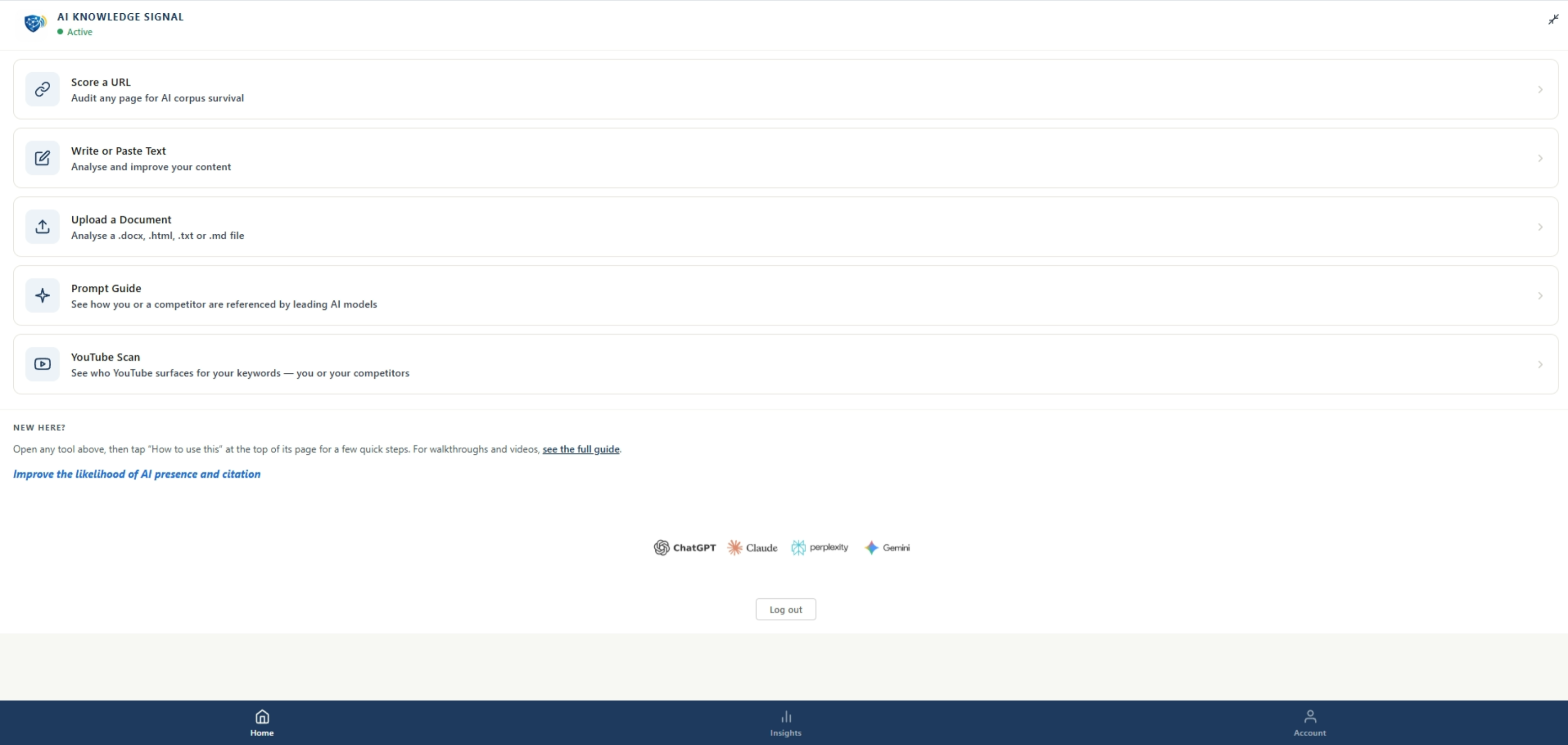 AI Knowledge Signal Chrome extension home panel listing five tools: Score a URL, Write or Paste Text, Upload a Document, Prompt Guide and YouTube Scan.