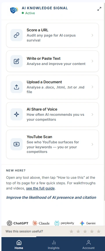 The AI Knowledge Signal browser extension side panel, showing the Active account, three actions — Score a URL, Write or Paste Text, and Upload a Document — and a How It Works guide for auditing content against the 6-phase framework.