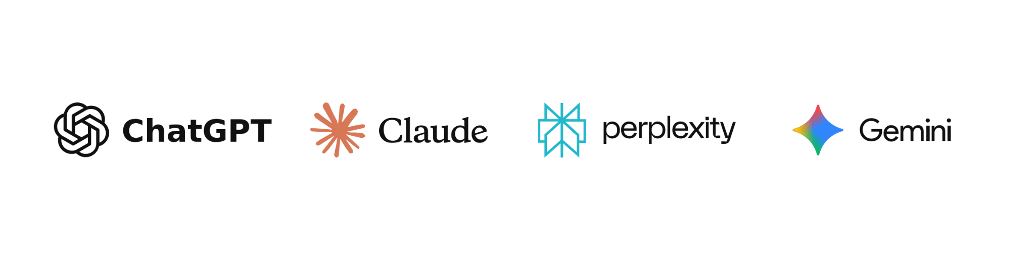 Logos of ChatGPT, Claude, Perplexity and Gemini.