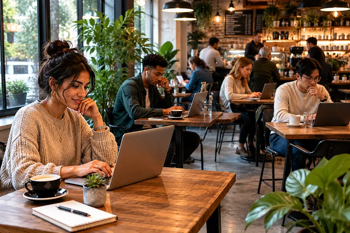 Customers working on laptops in a cafe, searching for what they need