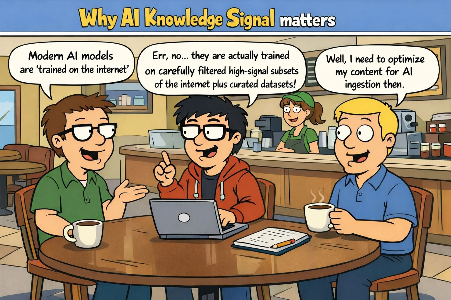 Three people in a café. One says 'Modern AI models are trained on the internet'. Another corrects them: 'They are actually trained on carefully filtered high-signal subsets of the internet plus curated datasets!' The third replies: 'Well, I need to optimise my content for AI ingestion then.'